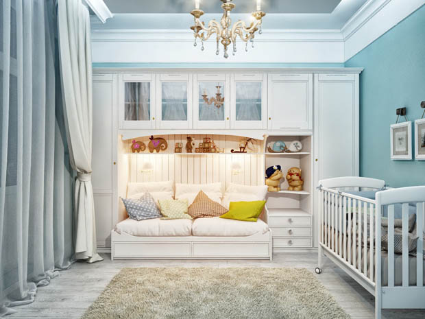 ห้องนอนฝาผนังสีฟ้า สวยแจ่มใส เหมาะสมกับเด็กแรกเกิด